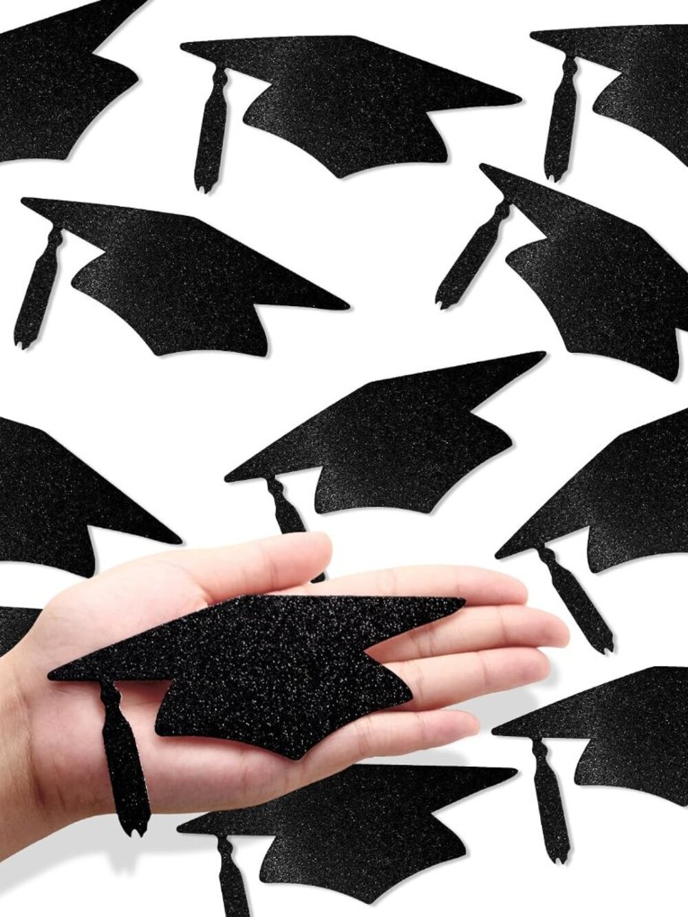 12pcs Graduation Cap Confetti Black Glitter, Big Size 4 inches